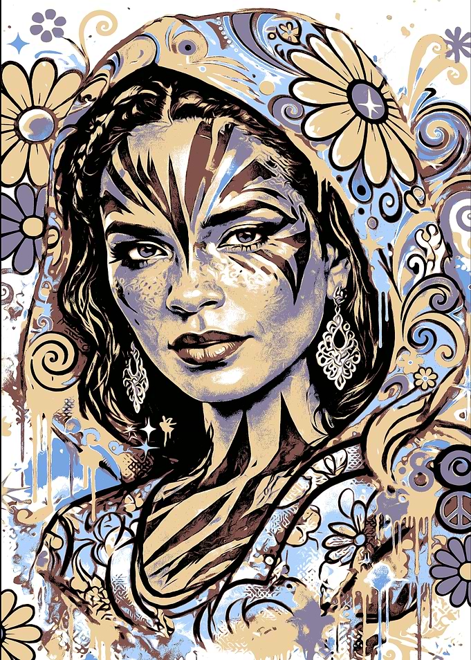 Bohemian Woman Floral Portrait Art
