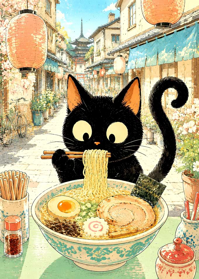 Cute Black Cat Eating Ramen