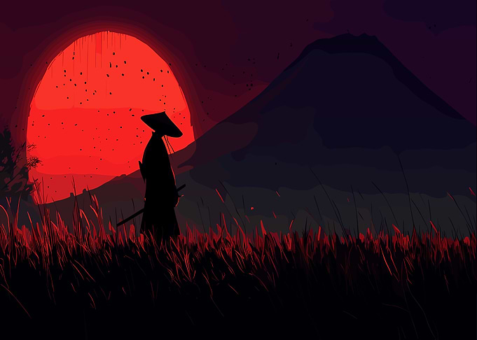 Samurai Silhouette Under Red Sun