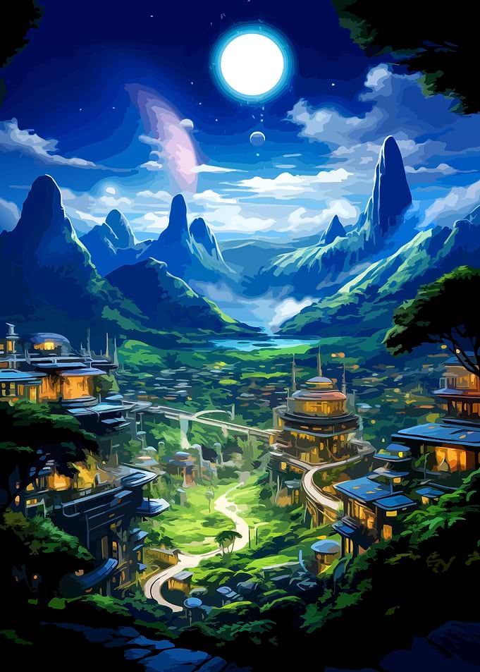 Futuristic Alien Valley Under Moonlight