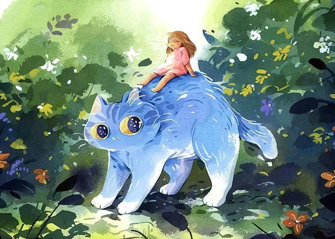 Girl Riding a Giant Blue Cat