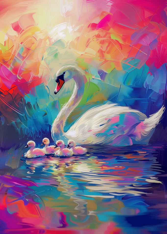 Colorful Swan and Cygnets