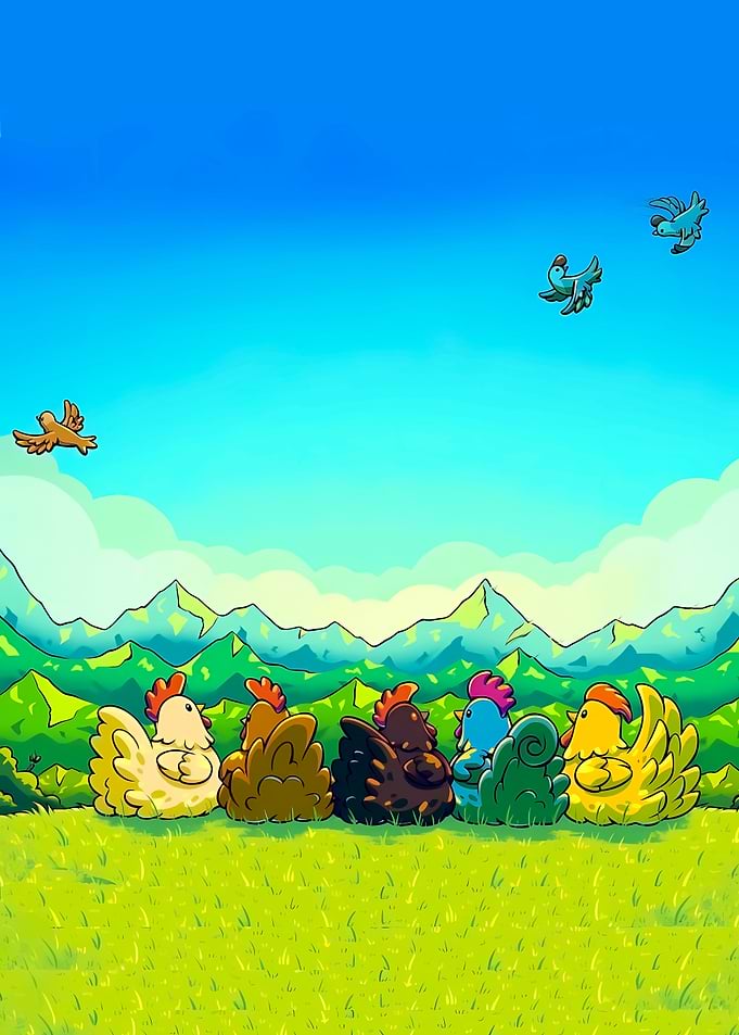 Colorful Chickens Watching Mountain Landscape