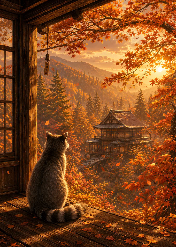 Cat Watching Autumn Temple Sunset