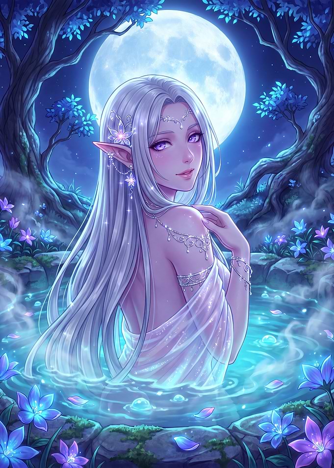 Moonlit Elf Princess in Enchanted Pool