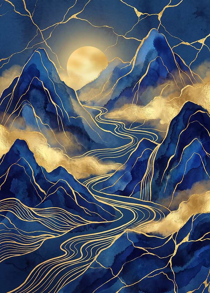 Abstract Blue and Gold Mountain Landscape