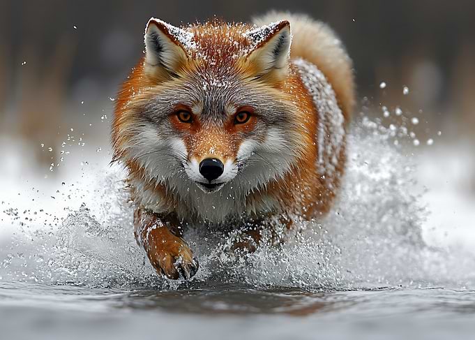 Red Fox Running Through Water