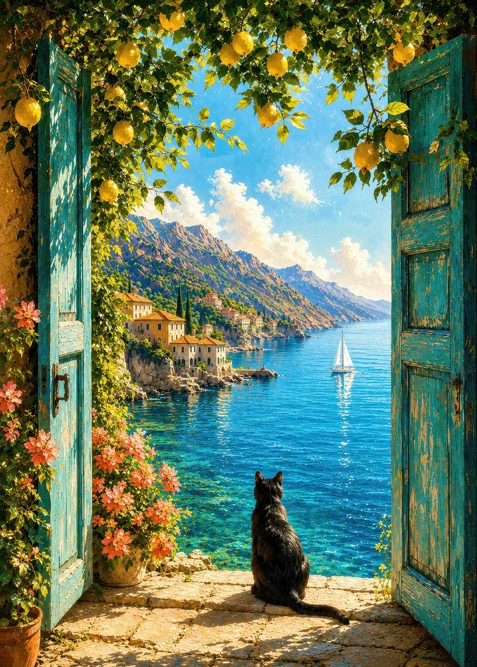 Black Cat Overlooking Mediterranean Coast