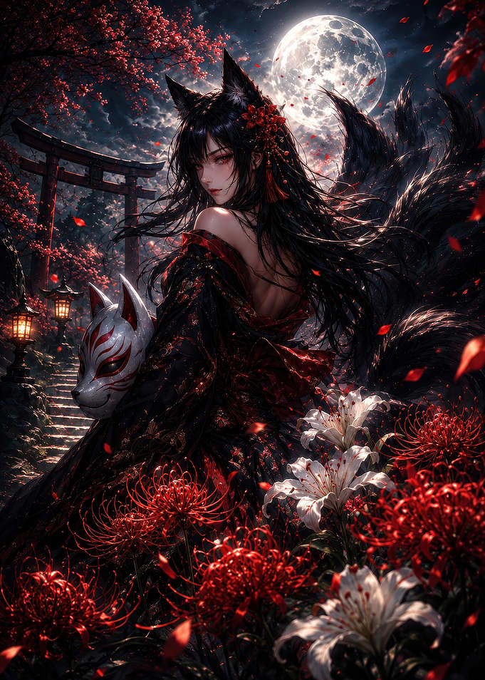 Kitsune Maiden in Moonlight Garden