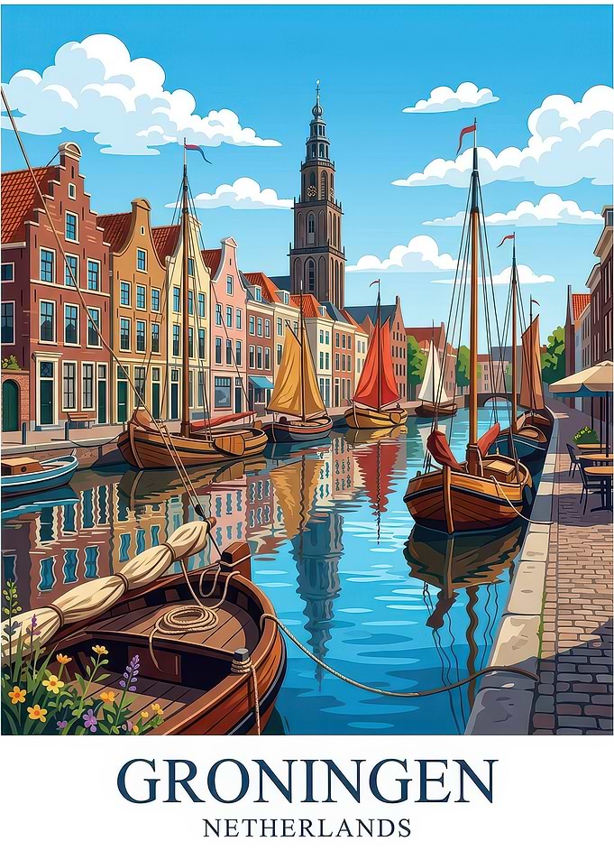 Groningen Netherlands Canal Travel Poster