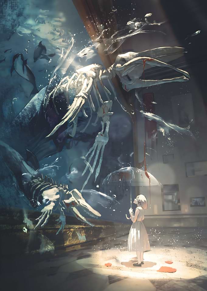 Girl Under Umbrella With Whale Skeleton