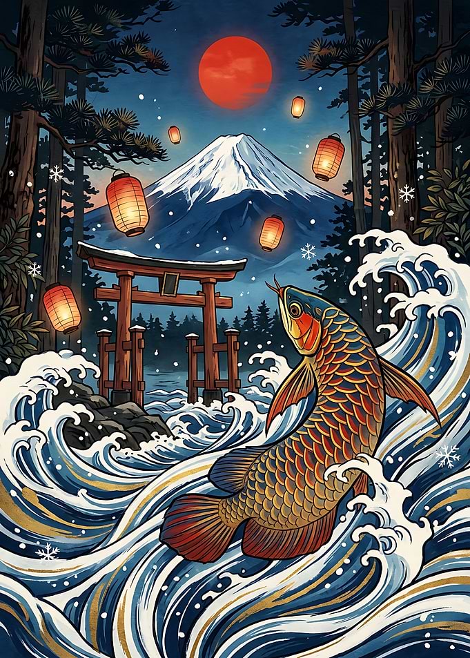 Arowana Fish and Mount Fuji Art