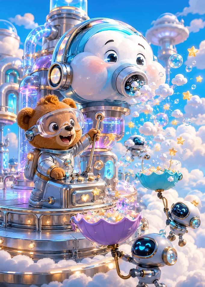 Cute Bear Astronaut Making Star Bubbles