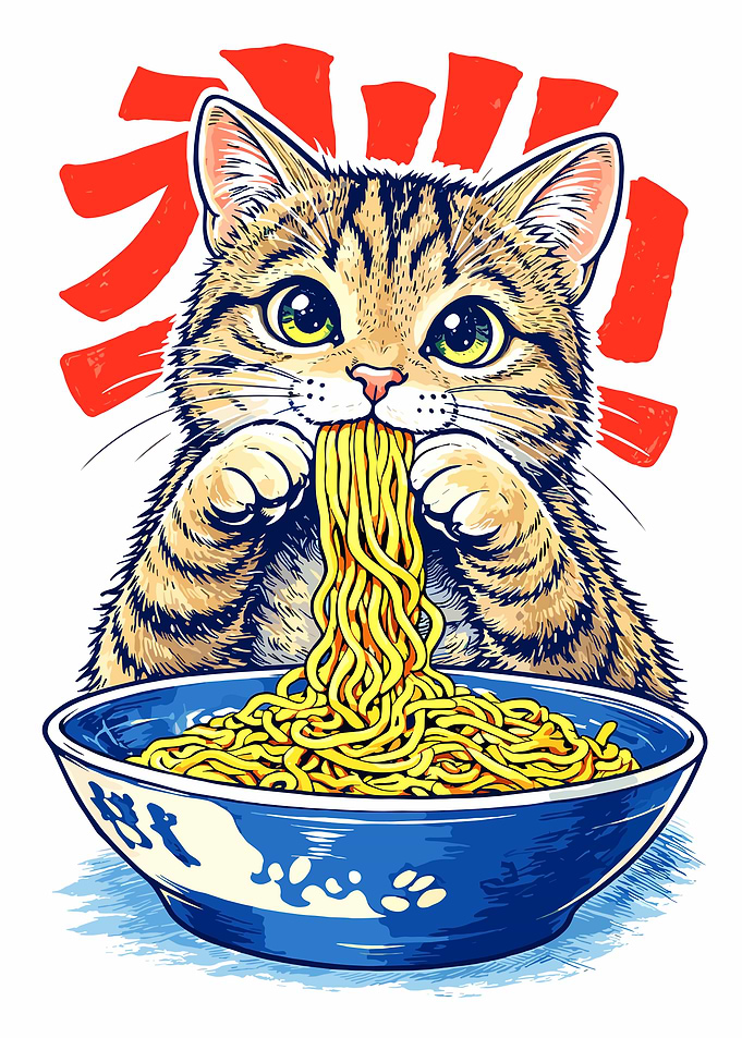 Cute Tabby Cat Eating Ramen