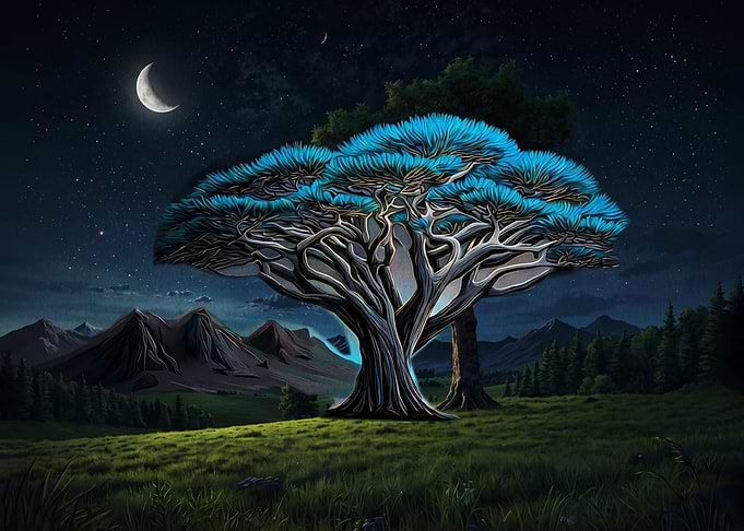 Glowing Blue Tree Under Night Sky