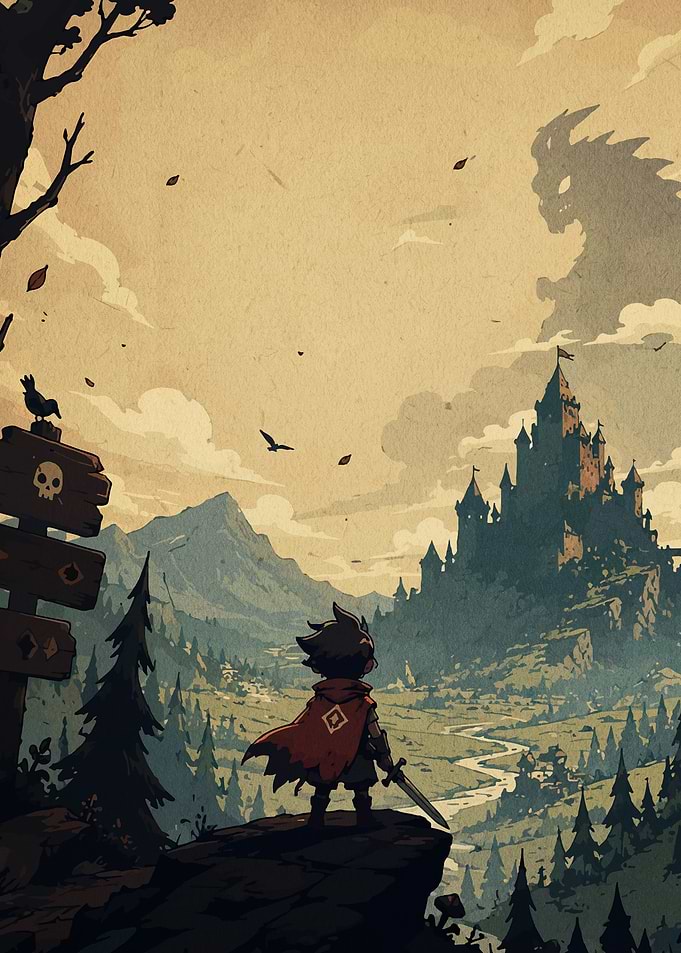 Young Hero Facing a Dark Castle