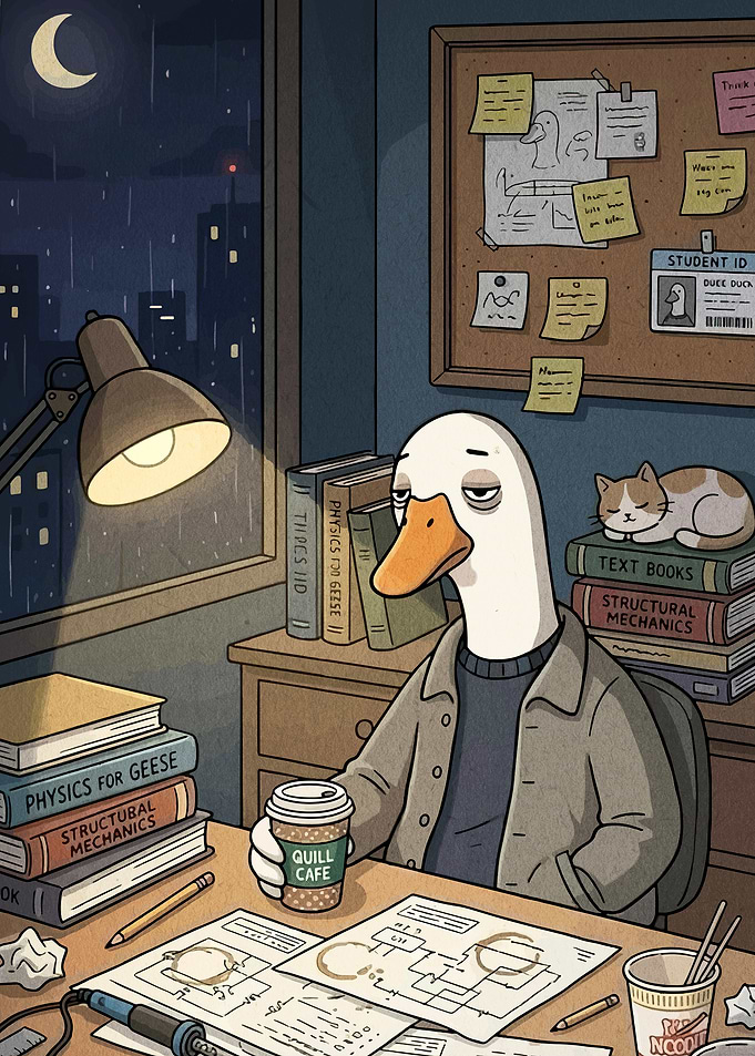 Tired Student Duck Studying Late