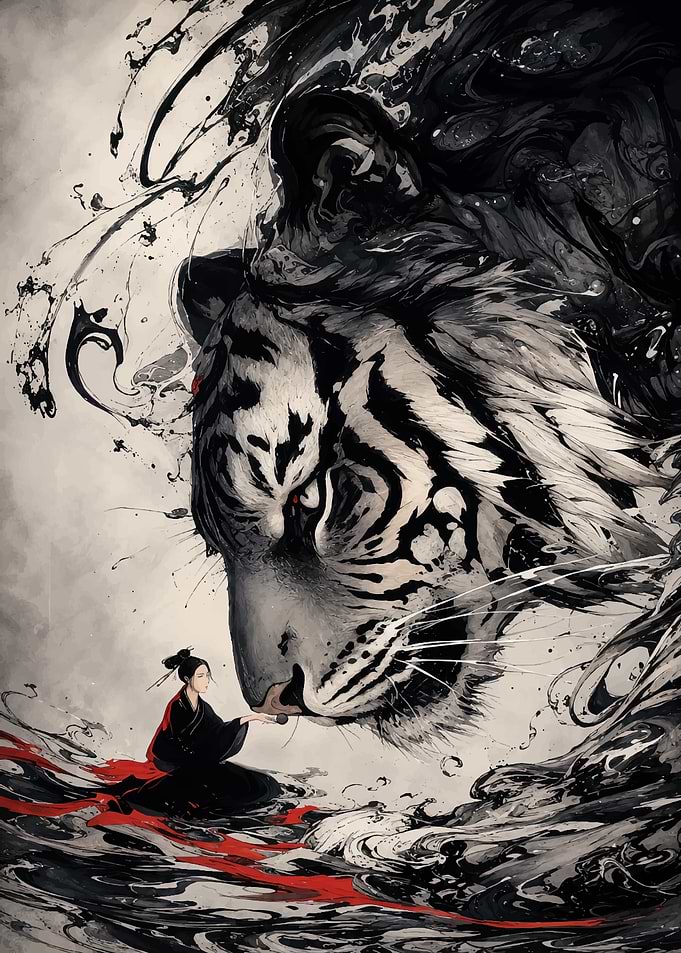 Woman Offering Gift to Giant Tiger