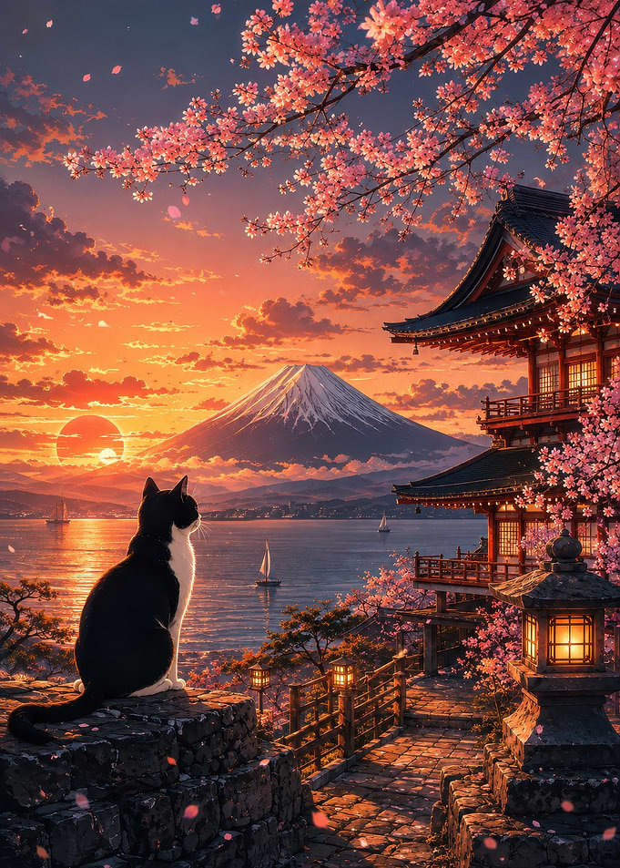 Cat Watching Sunset at Mount Fuji