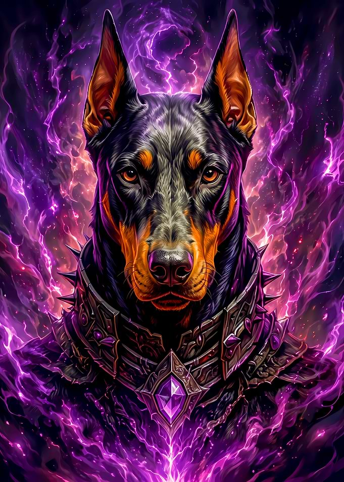 Doberman Warrior in Purple Lightning