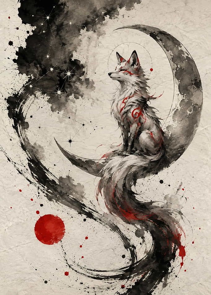 Mystical Kitsune Fox on Crescent Moon