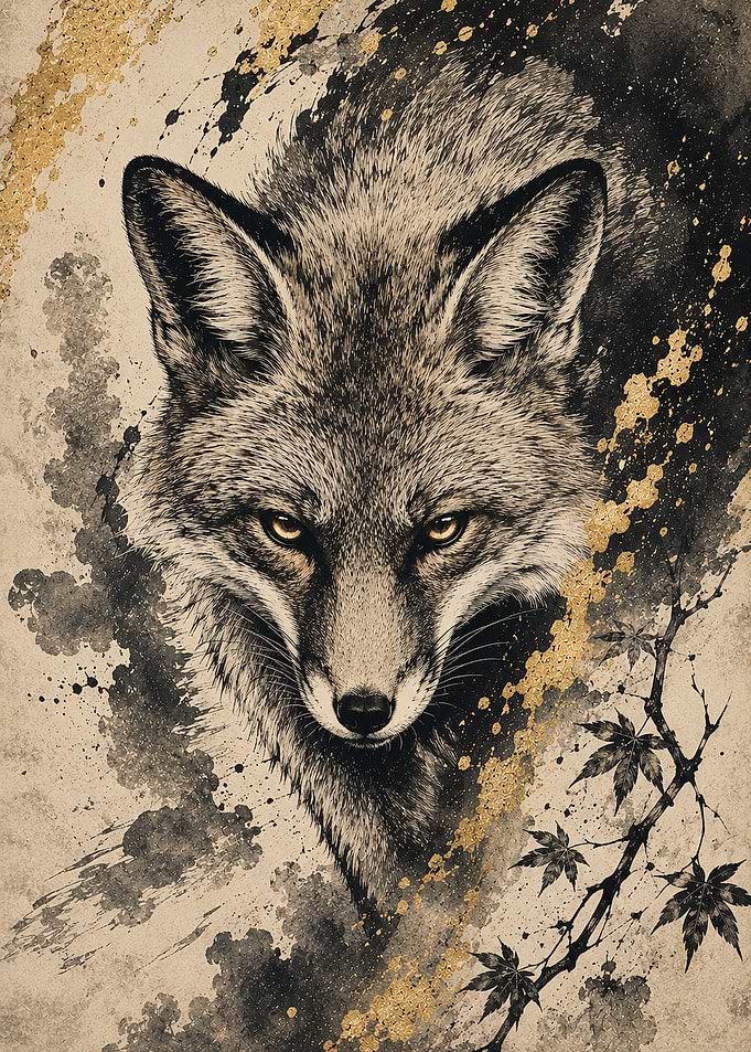 Japanese Fox Ink Portrait Wall Art Gold Accent