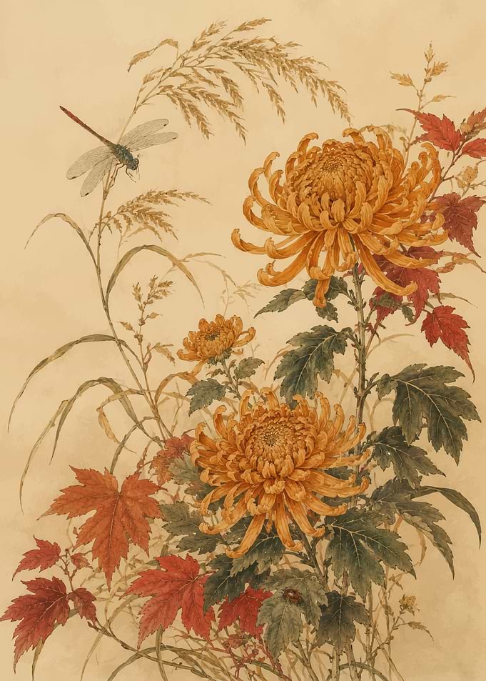 Vintage Botanical Chrysanthemum and Dragonfly Illustration