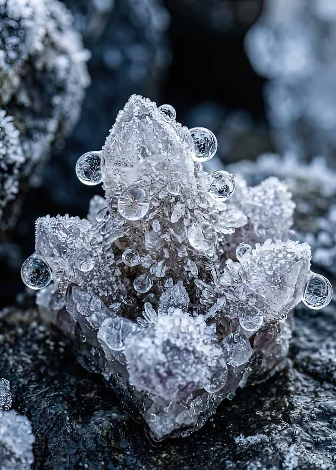 Frozen Crystal Cluster with Water Droplets