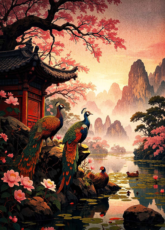 Peacocks by a Traditional Asian Pavilion