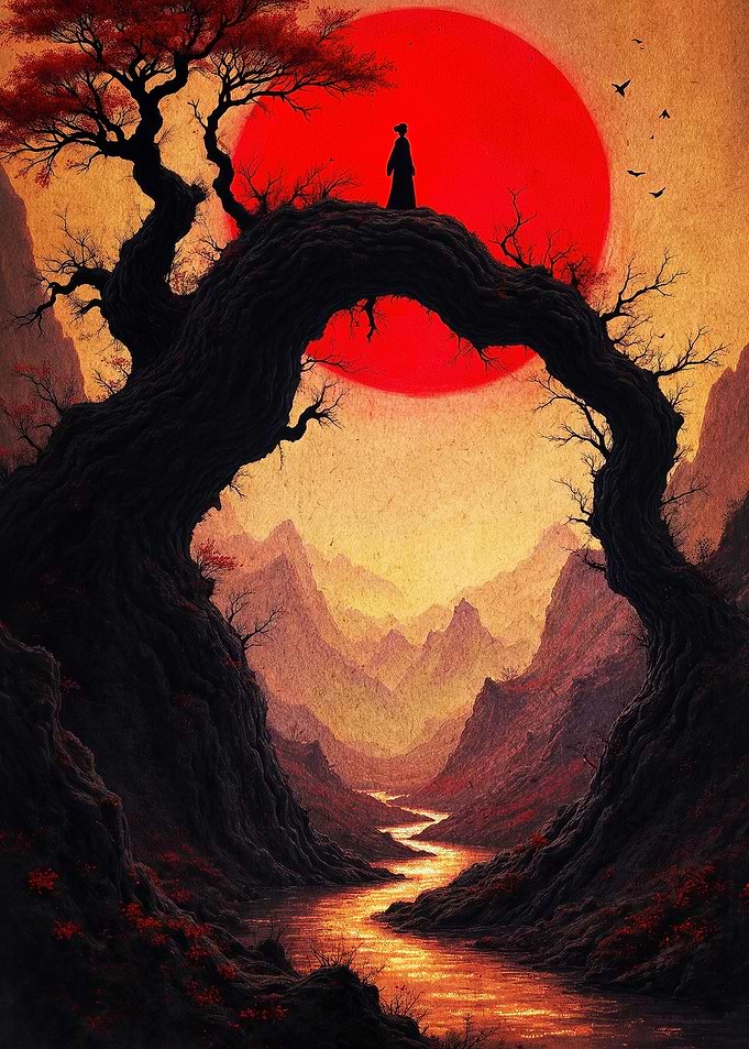 Silhouette Figure Under Red Sun