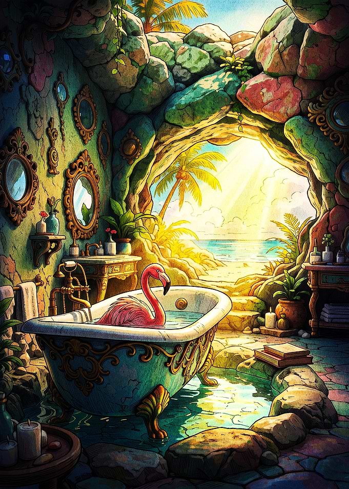 Flamingo Relaxing in Tropical Cave Bath