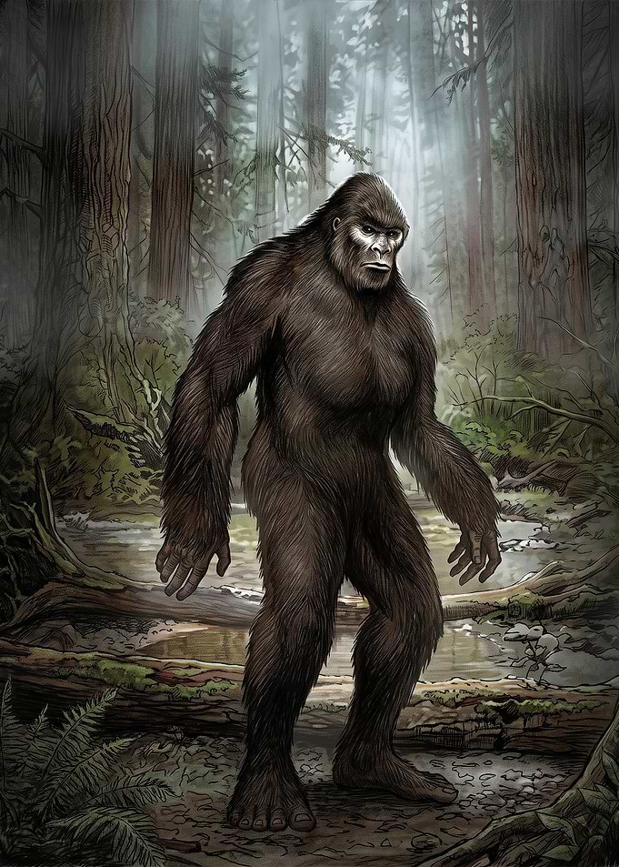 Bigfoot Standing in Misty Forest