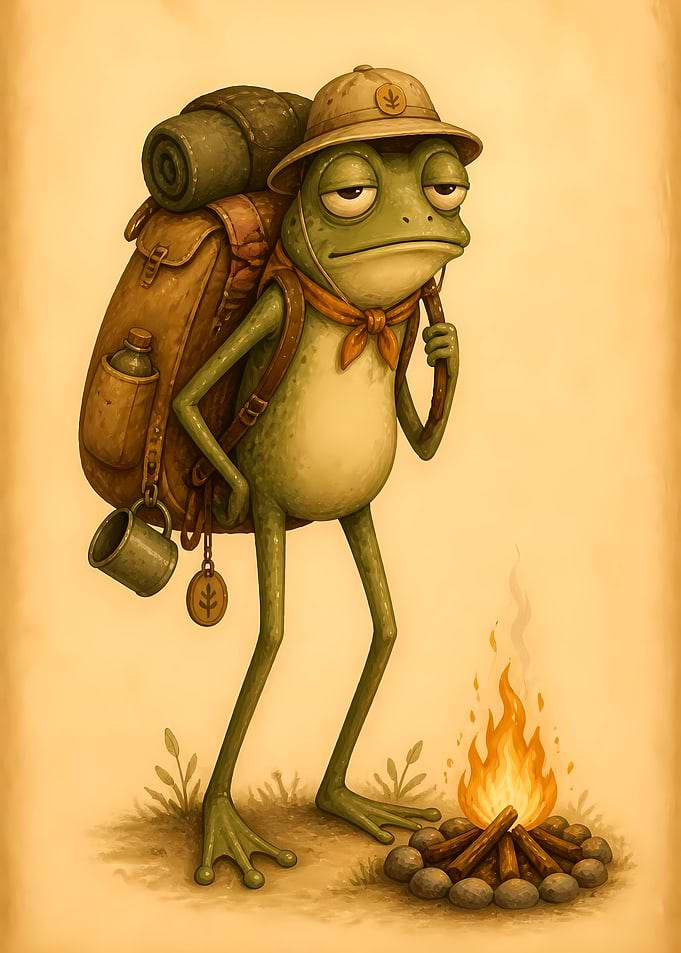 Tired Frog Hiker by Campfire