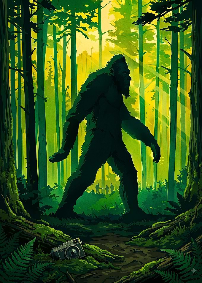 Bigfoot Silhouette in Green Forest