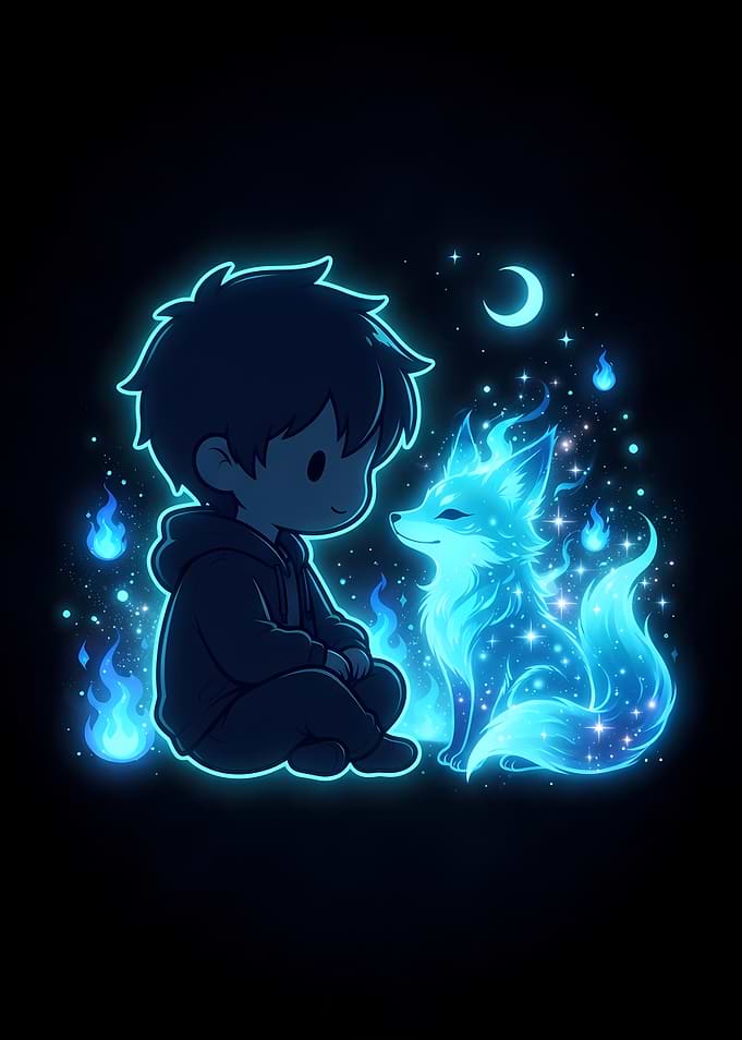 Chibi Anime Boy and Glowing Spirit Fox – Magical Blue Energy Fantasy