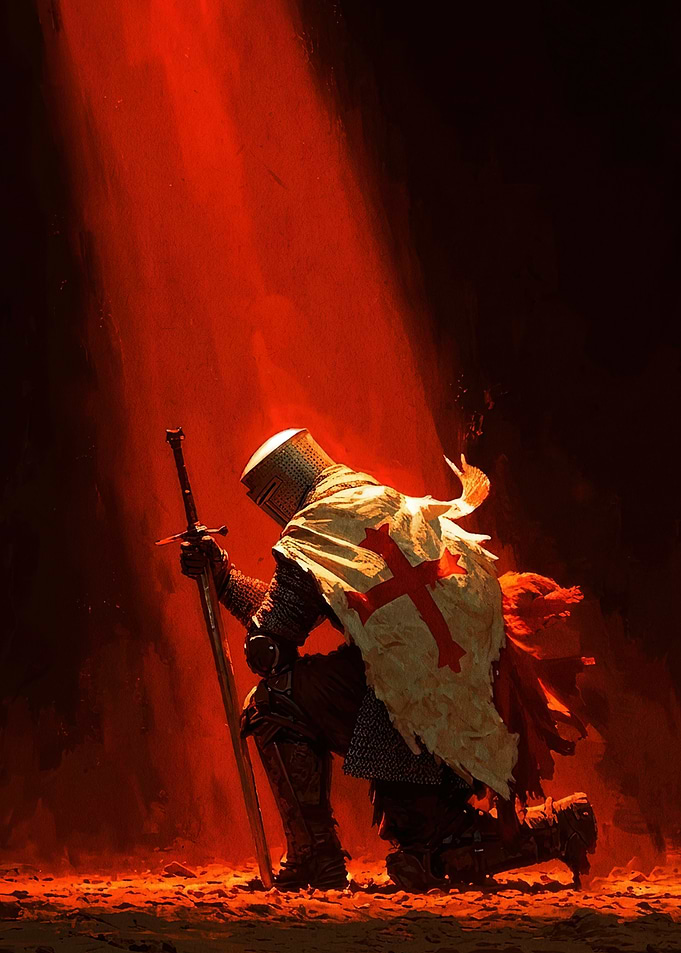 Kneeling Crusader Knight in Red Light