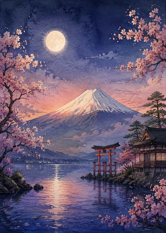 Mount Fuji at Night with Cherry Blossoms