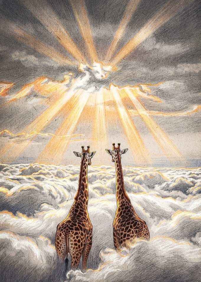 Two Giraffes Above the Clouds