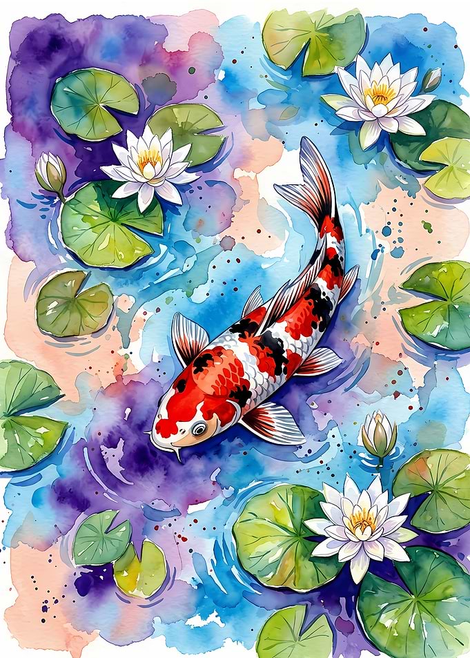 Watercolor Koi Fish and Water Lilies