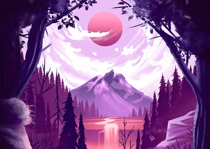 Purple Mountain Sunset Forest Landscape