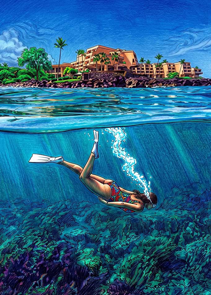 Snorkeling Woman Near Tropical Resort Subnautica