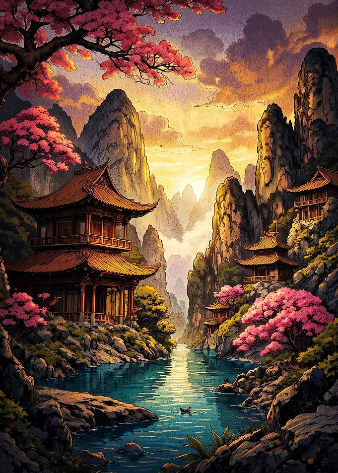 Serene Mountain Temple Landscape