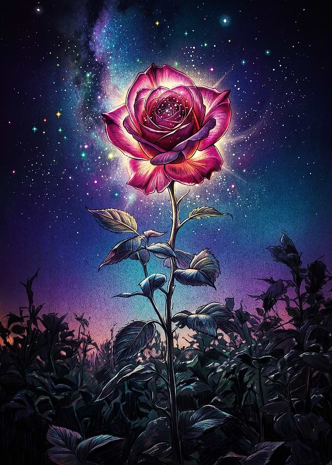 Glowing Cosmic Rose in Night Sky