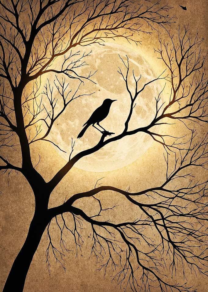 Bird Silhouette on Tree Under Moon