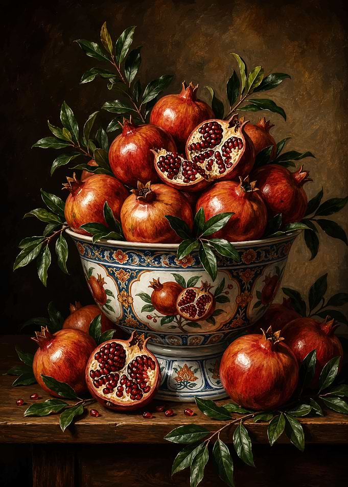 Still Life Pomegranates in Ornate Bowl