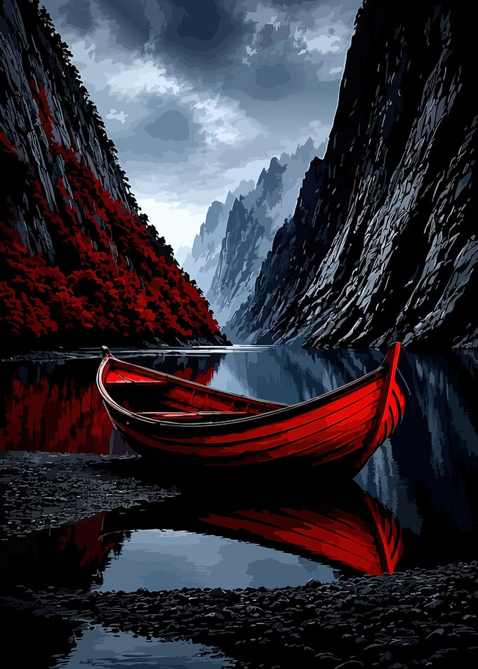 Red Boat in Dramatic Mountain Fjord