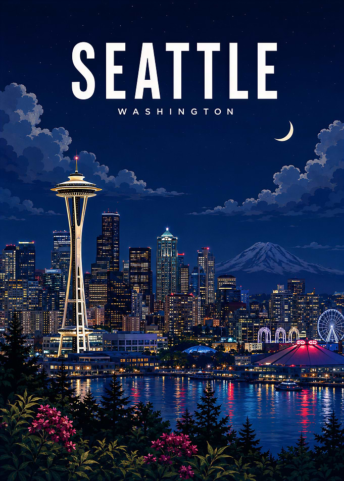 Seattle Washington Night Skyline Poster