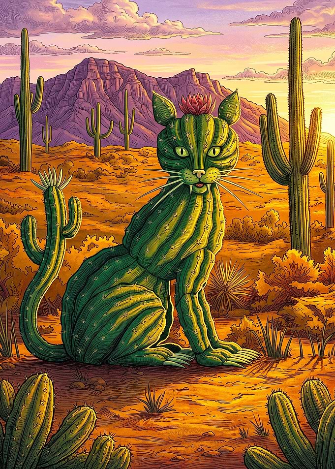 Cactus Cat in Desert Landscape