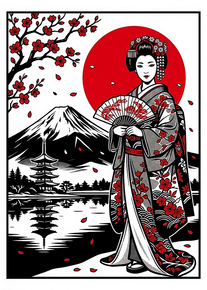 Geisha with Mount Fuji and Pagoda