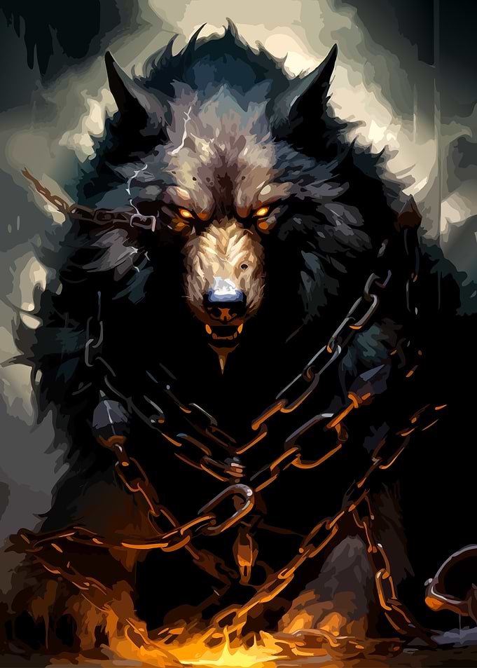 Chained Ferocious Wolf with Glowing Eyes